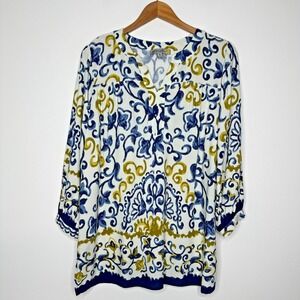 Figueroa and Flower Tunic Top Sz 1X Floral V Neck Art to wear Cream Blue